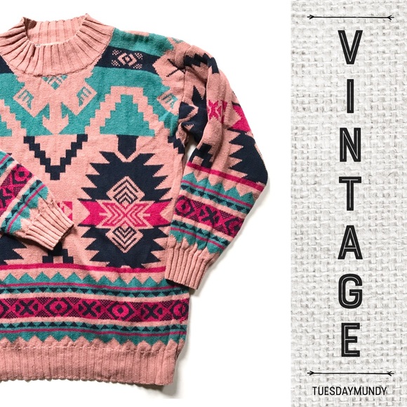 Vintage Sweaters - Vintage Southwestern Detail Dusty Pink Sweater